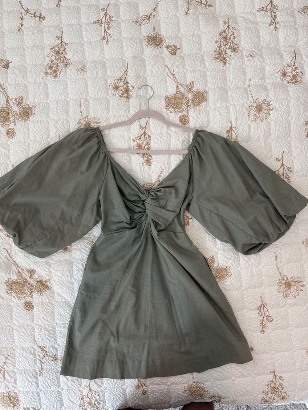 Olive Green linen Puff-Sleeve Mini Dress